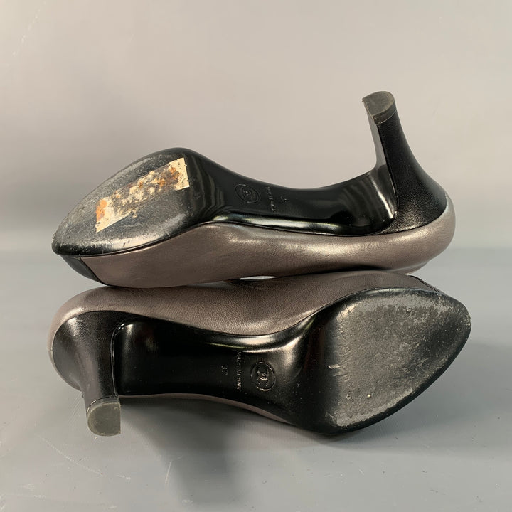 CHANEL Size 6 Grey Black Leather Cap Toe Pumps