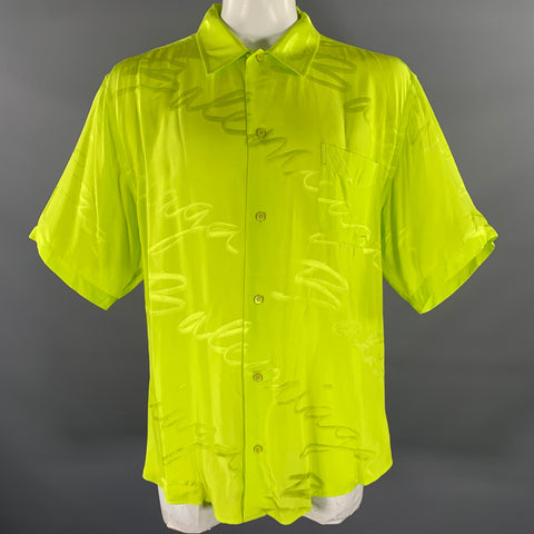 BALENCIAGA Size M Green Monogram Viscose Button Up Short Sleeve Shirt