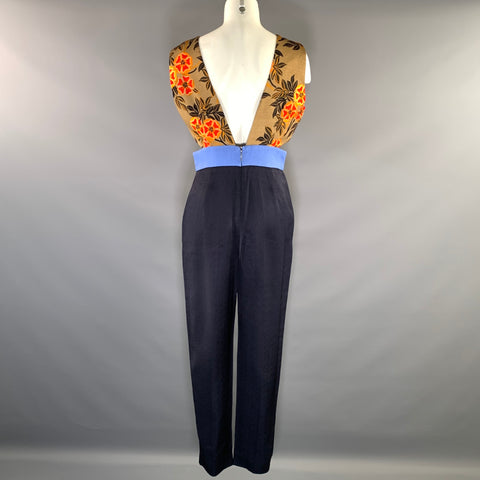 MSGM Size 8 Navy Brown Viscose Cotton Floral V Neck Jumpsuit