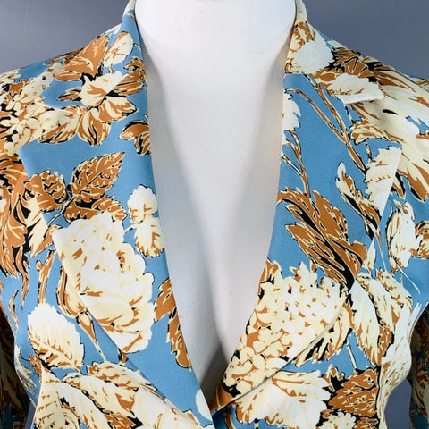 STINE GOYA Size L Blue Tan Polyester Blend Floral Notch Lapel Zip Pockets Jacket Blazer