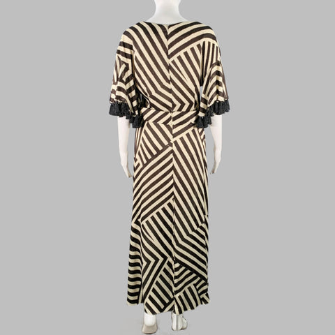 SACHIN & BABI Size 8 Brown Cream Polyester Stripe Short Sleeve Long V-Neck Dress