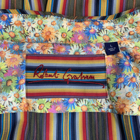 ROBERT GRAHAM Size L Green Multi-Color Stripe Cotton Button Up Long Sleeve Shirt