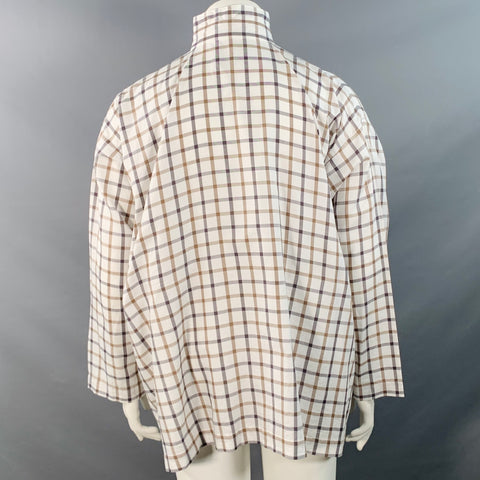 ESKANDAR Size L White Brown Cotton Grid Oversized Hidden Buttons Shirt