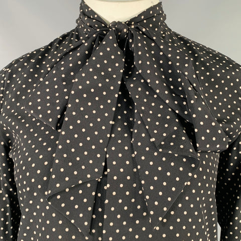RALPH LAUREN Size 10 Black White Silk Polka Dot Bow Blouse