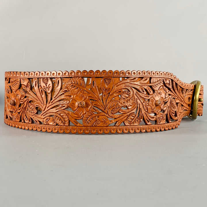 RALPH LAUREN Size M Brown Embossed Lasercut Floral Leather Western Belt
