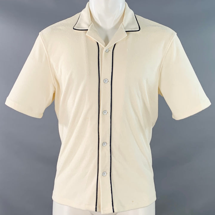 RAG & BONE Size M Beige Navy Contrast Stitch Cotton Blend Terry Short Sleeve Shirt
