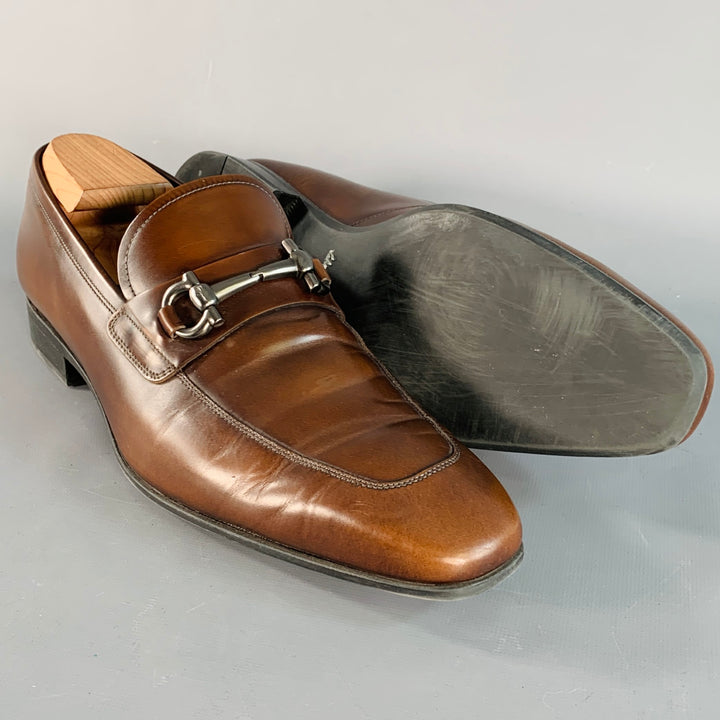 SALVATORE FERRAGAMO Size 10.5 Giant Brown Silver Leather Horsebit Loafers