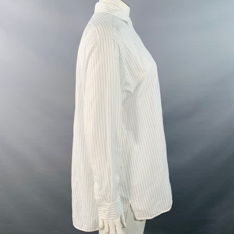 LAFAYETTE 148 Size L White Blue Cotton Pinstripe Sheer Spread Collar Shirt