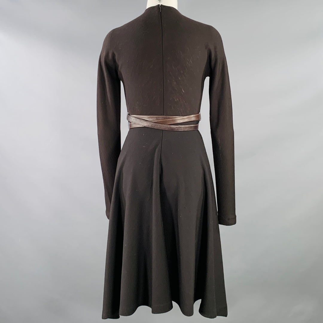DONNA KARAN Size 6 Brown Wool Jersey Belted Long Sleeve Asymmetrical D Sui Generis Designer Consignment DONNA KARAN Size 6 Brown Wool Jersey Belted Long Sleeve Asymmetrical D Sui Generis Designer Consignment