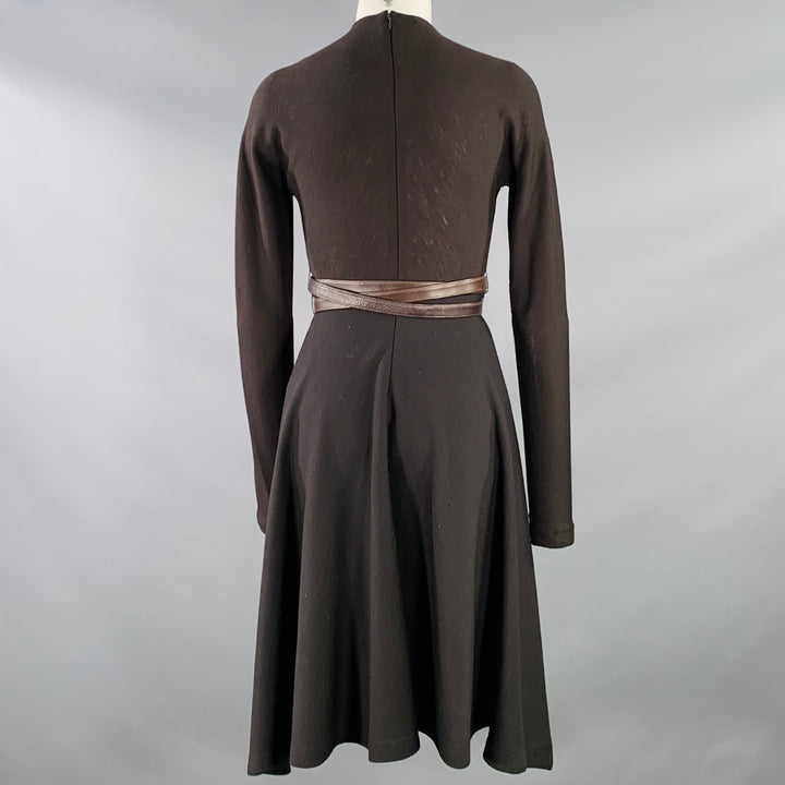 DONNA KARAN Size 6 Brown Wool Jersey Belted Long Sleeve Asymmetrical Dress