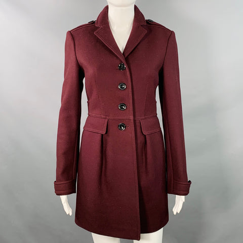 BURBERRY BRIT Size 4 Burgundy Virgin Wool Blend Single Breasted Coat
