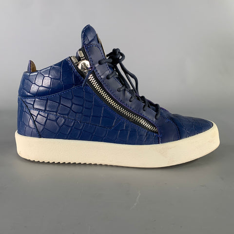 GIUSEPPE ZANOTTI Size 9.5 Blue White Embossed Leather High Top Sneakers