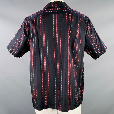 TAAKK Size L Black Pink Embroidery Cupro One Pocket Short Sleeve Shirt