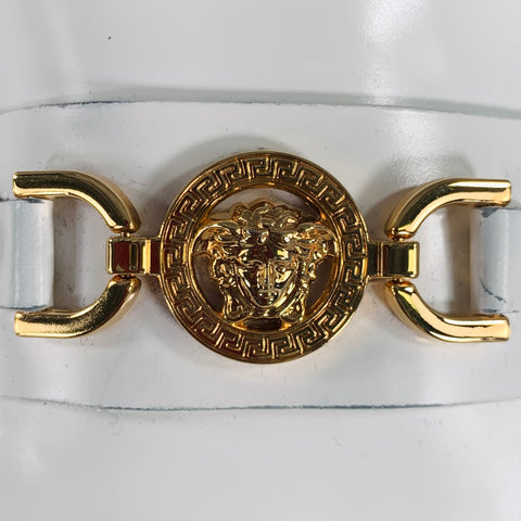 VERSACE Size 9 White Gold Leather Logo Moccasin Flats
