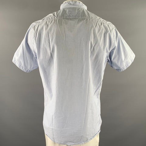 TAYLOR STITCH Size XL Blue White Micro Stripe Mandarin Collar Short Sleeve Shirt