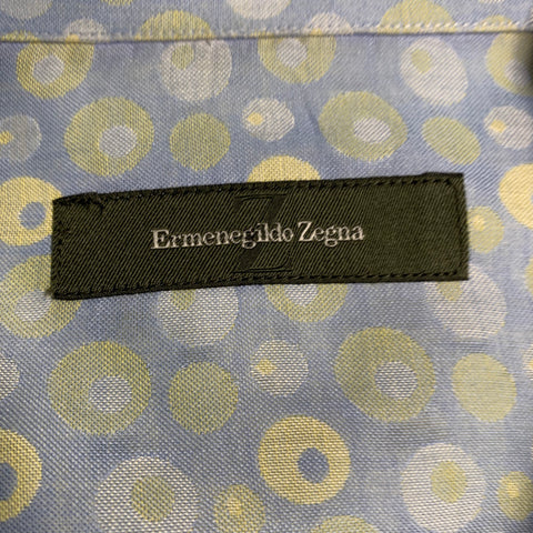 ERMENEGILDO ZEGNA Size L Blue Yellow Dots Cotton One Pocket Long Sleeve Shirt