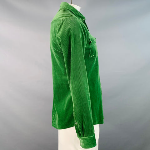 BALMAIN Size L Green Corduroy Cotton Distressed Western Long Sleeve Shirt