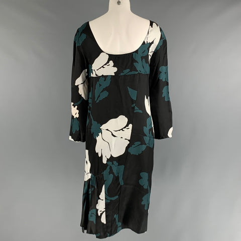 MARNI Size 6 Black Green Viscose Abstract floral 3/4 Sleeves Dress
