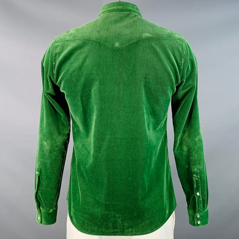 BALMAIN Size L Green Corduroy Cotton Distressed Western Long Sleeve Shirt