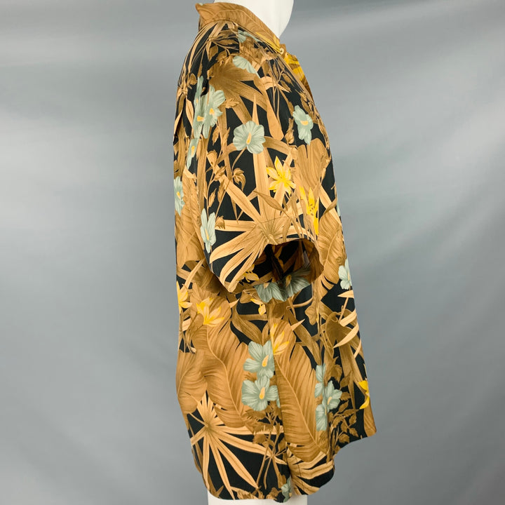 BRIONI Size M Brown Black Tropic Floral Print Rayon Button Up Short Sleeve Shirt