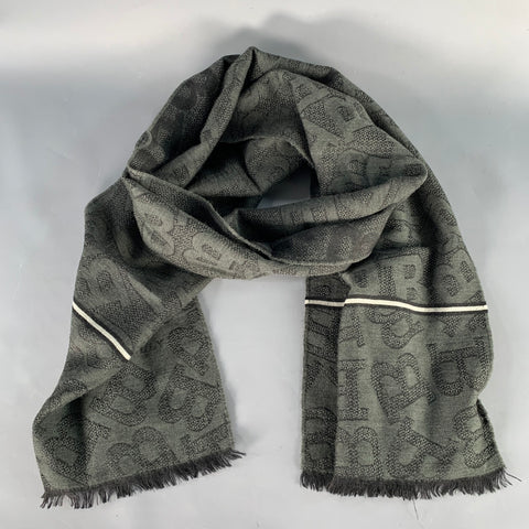 BALLY Grey Black Monogram Logo Wool Silk Fringe Scarf