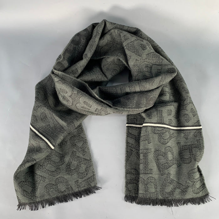 BALLY Grey Black Monogram Logo Wool Silk Fringe Scarf