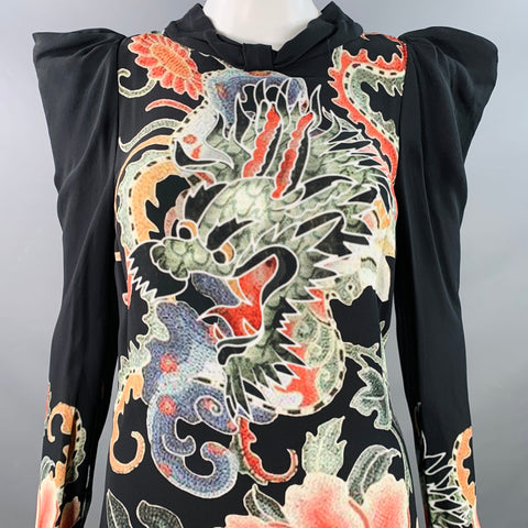 JOHN RICHMOND Size S Guereda Black Multi Color Viscose Dragon Long Sleeve Cocktail Dress