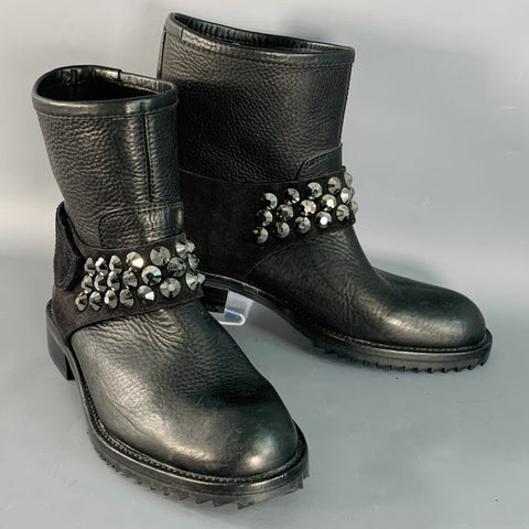 PEDRO GARCIA Size 7 Black Studded Swarovski Crystals Pull On Ankle Biker Boots