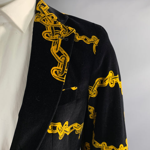 ARIES Chest Size M Black Gold Print Cotton Velvet Notch Lapel Sport Coat