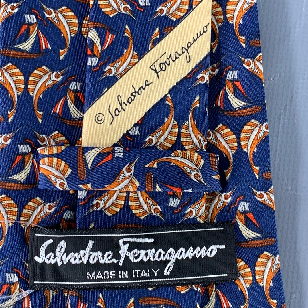 SALVATORE FERRAGAMO Navy Orange Swordfish Nautical Silk Tie