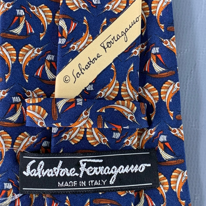SALVATORE FERRAGAMO Navy Orange Swordfish Nautical Silk Tie