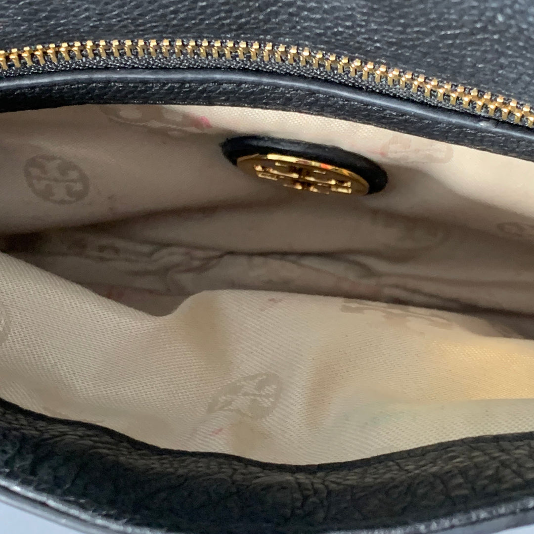 TORY BURCH Black Gold Logo Leather Clutch Handbag