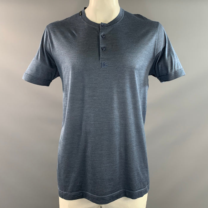 DOLCE & GABBANA Size XL Navy Silk Henley T Shirt
