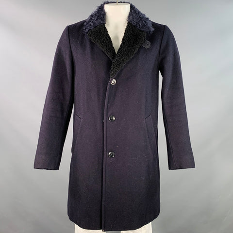 DRIES VAN NOTEN Size 42 Navy Black Wool Blend Faux Fur Collar Coat