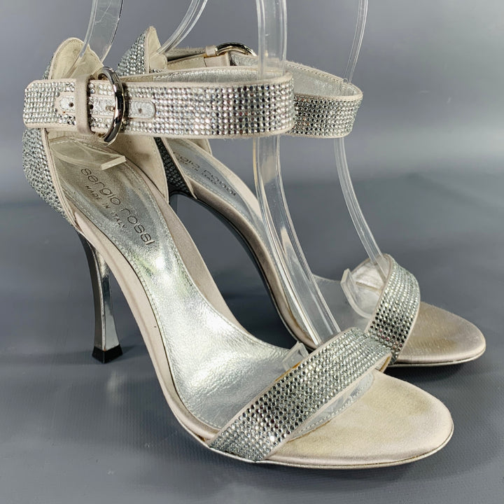 SERGIO ROSSI Size 5.5 Silver Grey Silk Ankle Strap Sandals