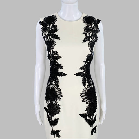 LELA ROSE Size 4 Jewel Cream Black Wool Blend Applique Sheath Dress