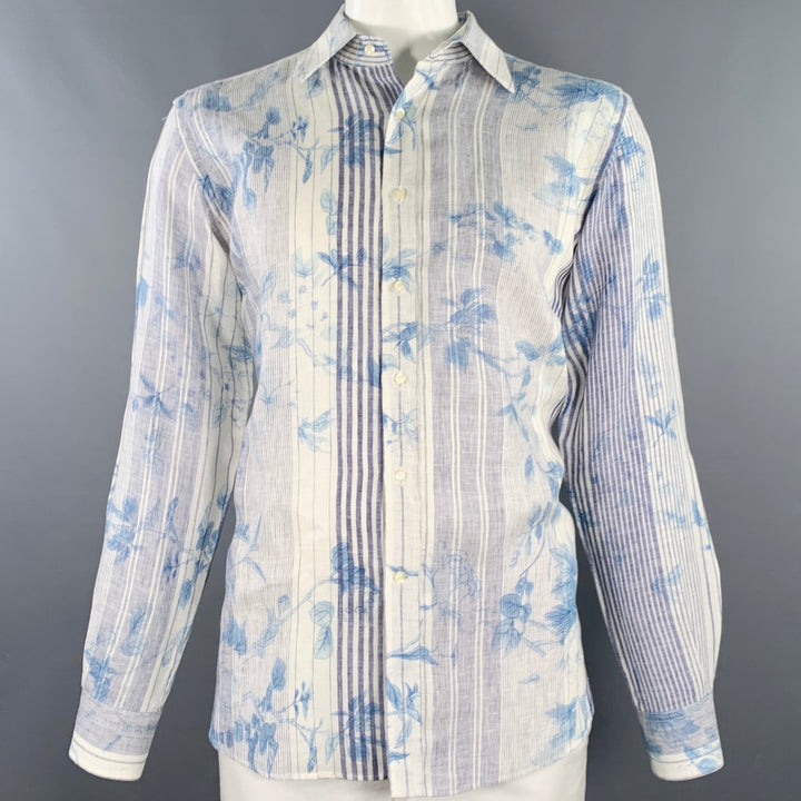 ETRO Size XXL White Blue Floral Linen Curved Cutaway Long Sleeve Shirt