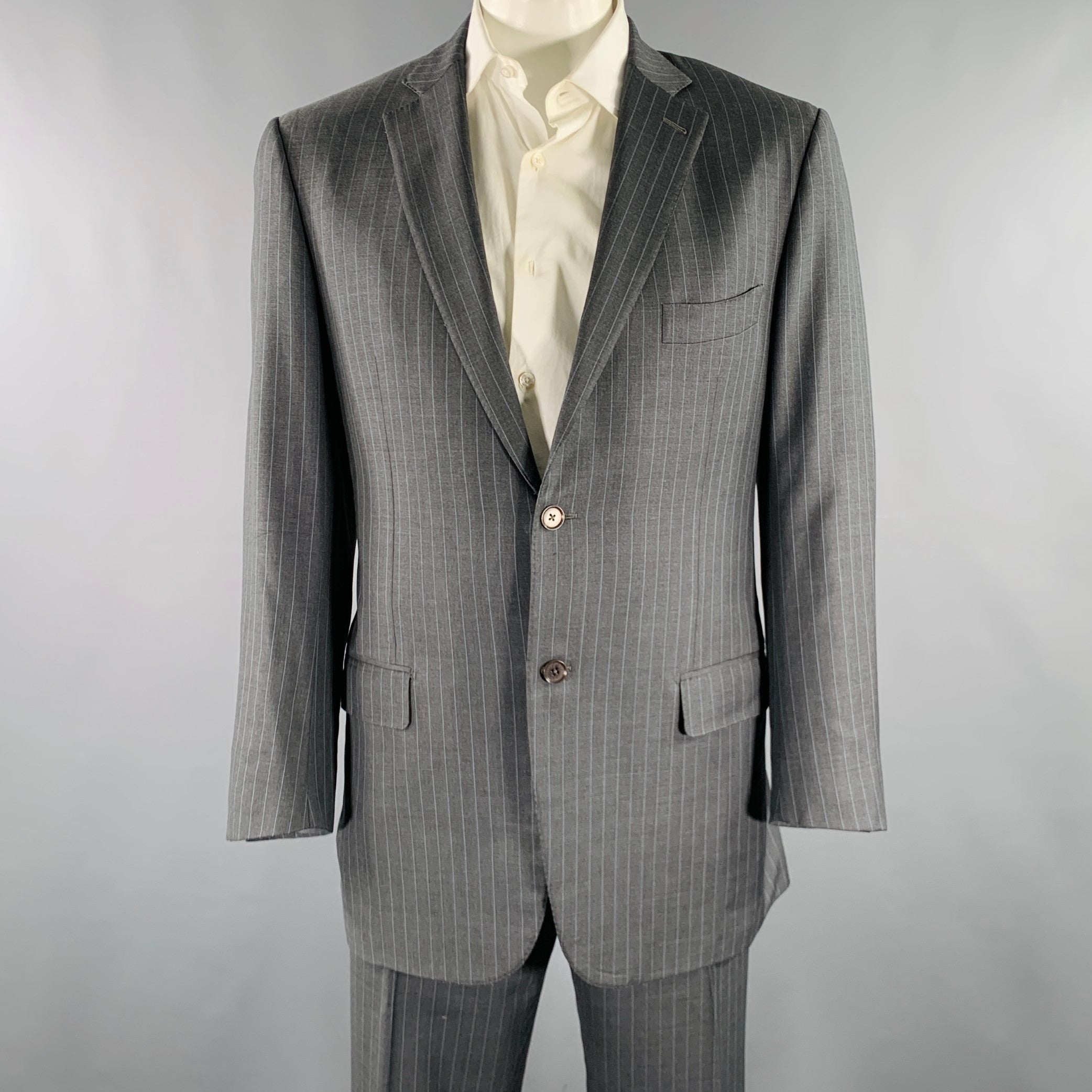 ISAIA Size 44 Grey Light Blue Pinstripe Wool Single Breasted Suit