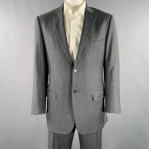 ISAIA Size 44 Grey Light Blue Pinstripe Wool Single Breasted Suit