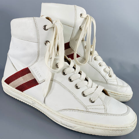 BALLY Size 8.5 -Oldani- White Red Ribbon Trim Leather High Top Sneakers