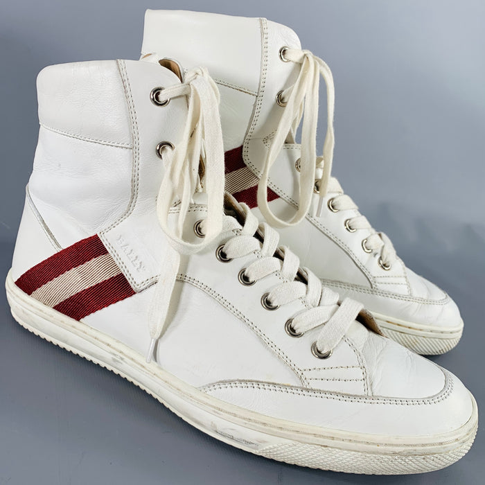 BALLY Size 8.5 -Oldani- White Red Ribbon Trim Leather High Top Sneakers