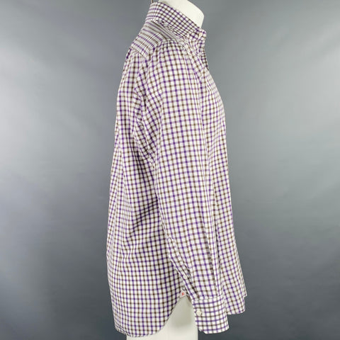 ISAIA Size M White Purple Brown Checkered Cotton Long Sleeve Shirt
