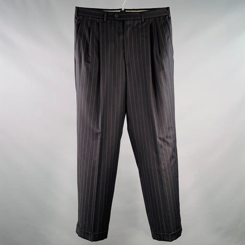 ERMENEGILDO ZEGNA Size 32 Black Brown Stripe Wool Pleated Cuffed Dress Pants