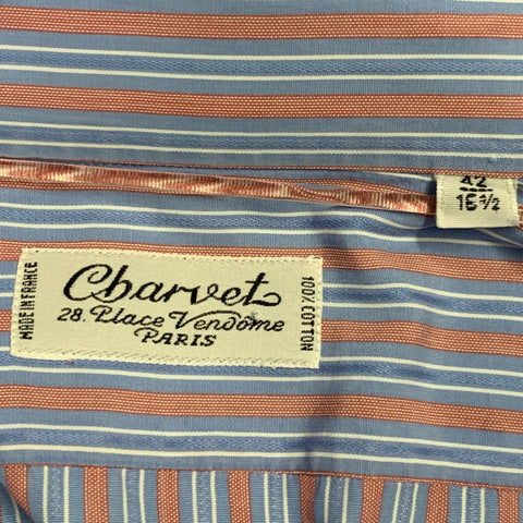 CHARVET Size L Blue Pink Stripe Cotton Curved Cutaway Long Sleeve Shirt