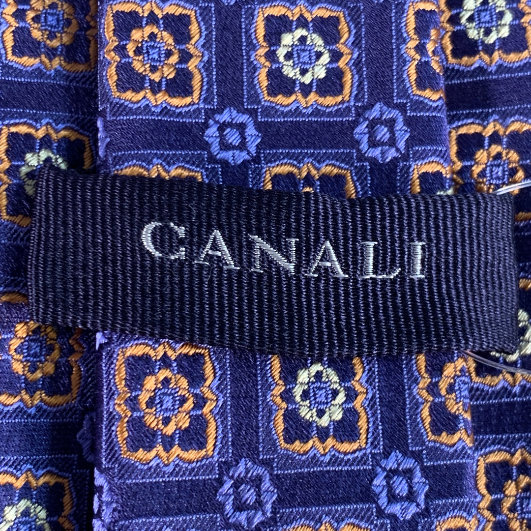 CANALI Navy Orange Abstract Floral Silk Tie