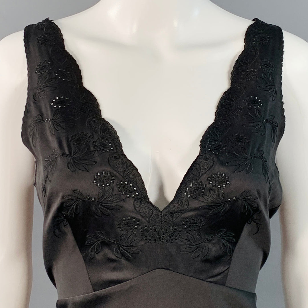 HUNTER BELL Size 4 Black Satin Eyelet Long Sleeveless V-Neck Slip Evening Gown