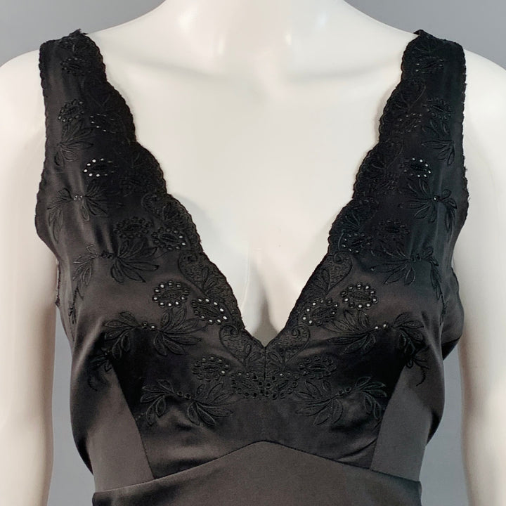 HUNTER BELL Size 4 Black Satin Eyelet Long Sleeveless V-Neck Slip Evening Gown