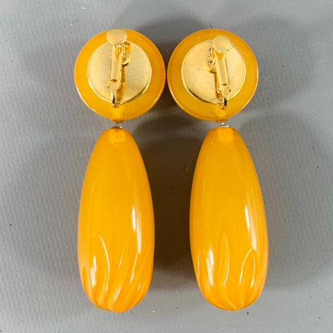 Boucles d'oreilles pendantes vintage à vis, en bakélite jaune orangé, forme goutte d'eau, épaisses
