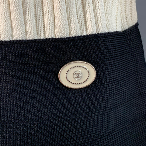 CHANEL Size 6 Cream Black Viscose Blend Ribbed Contrast Trim Drop Waist Bow Cocktail Dress