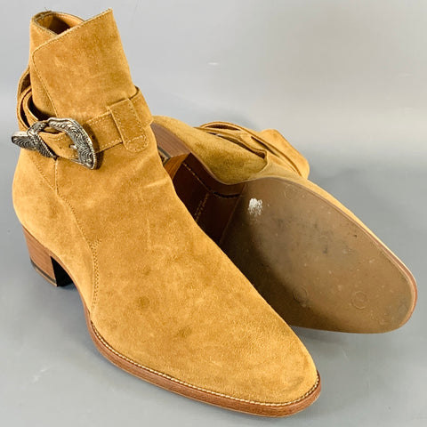 SAINT LAURENT Size 8 Hedi Strap Tan Silver Suede Western Buckle Boots
